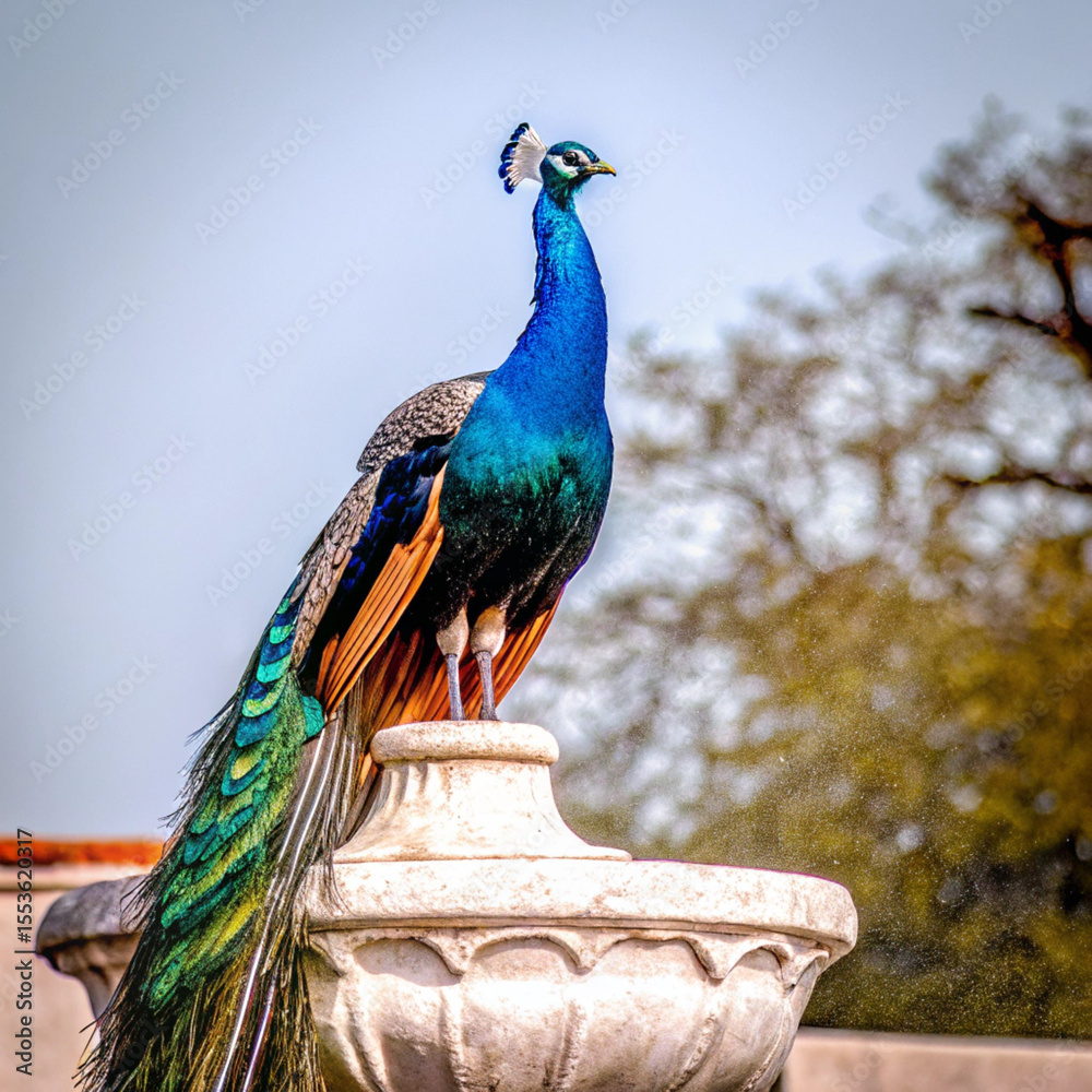 Obraz premium Solitary peacock fanning iridescent feathers in a sunlit tropical garden, blue-green plumage catching dappled light, water droplets on stone pedestal in soft focus.