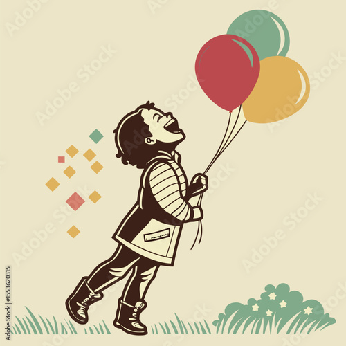 Happy child holding balloons and looking up with joy in an outdoor setting with grass and confetti
