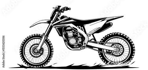 Black and white vector illustration of an extreme dirt bike, showcasing powerful design and dynamic lines,  white,  extreme sport vector
