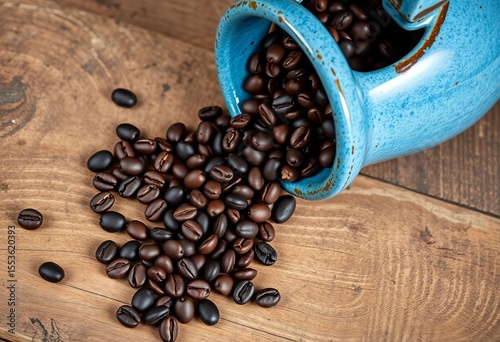 Dark roasted coffee beans spilling from a chipped blue ceramic jug onto a rustic wood surface,  cafe,  aroma