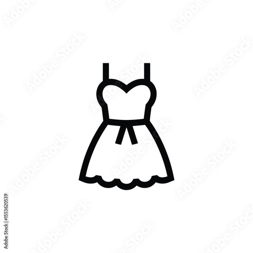 Simple black outline icon of a strapless dress with a bow and scalloped hem