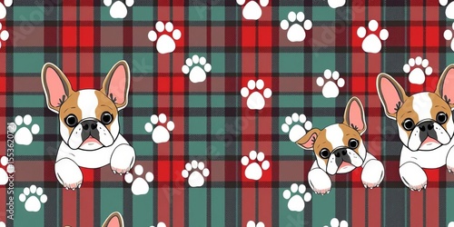 Adorable cartoon French bulldog paw prints in a seamless tartan plaid pattern, perfect for pet-themed designs, pattern, scarf