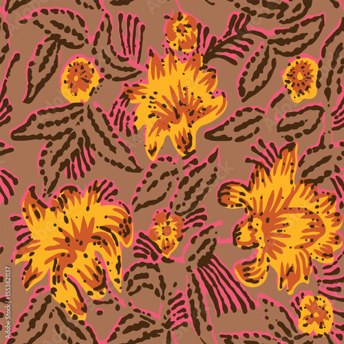 a brown and yellow floral pattern