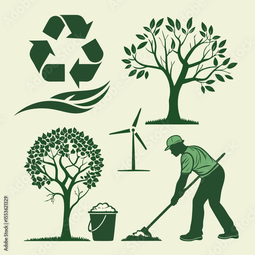 Illustration depicting recycling symbol, trees, wind turbine, and a person gardening in a green color scheme