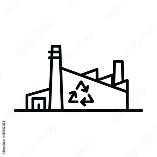 Stylized factory building with a recycling symbol on its side