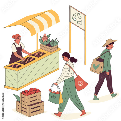 A vibrant farmers market scene with shoppers and vendors in a colorful and lively illustration