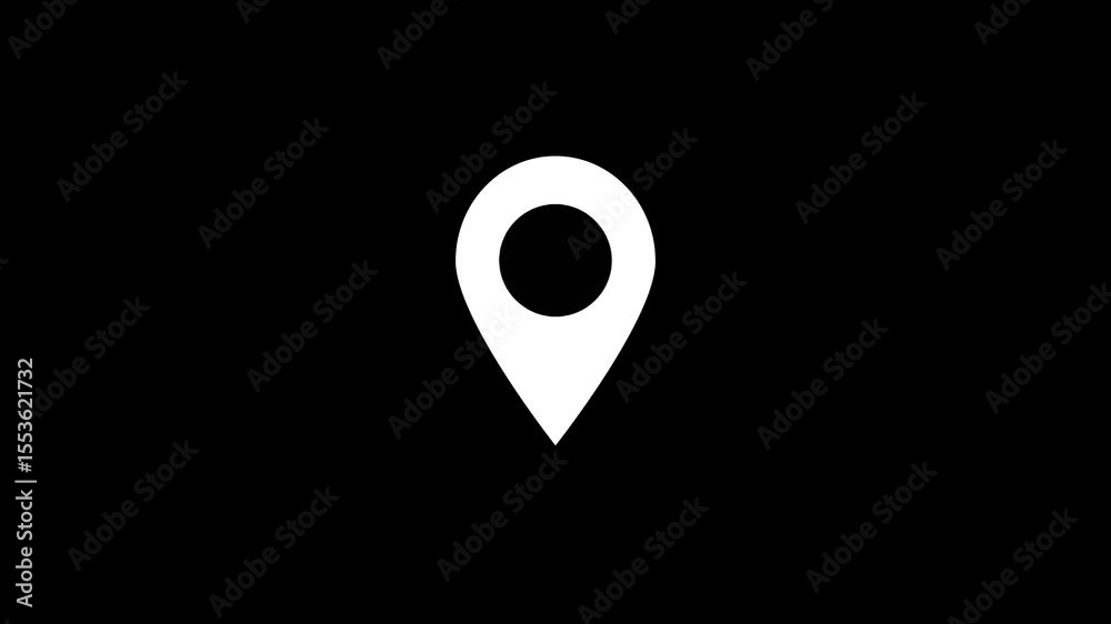 Simple white location pin icon centered on a solid black background for digital use