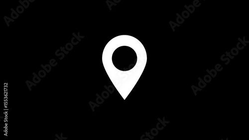 Simple white location pin icon centered on a solid black background for digital use