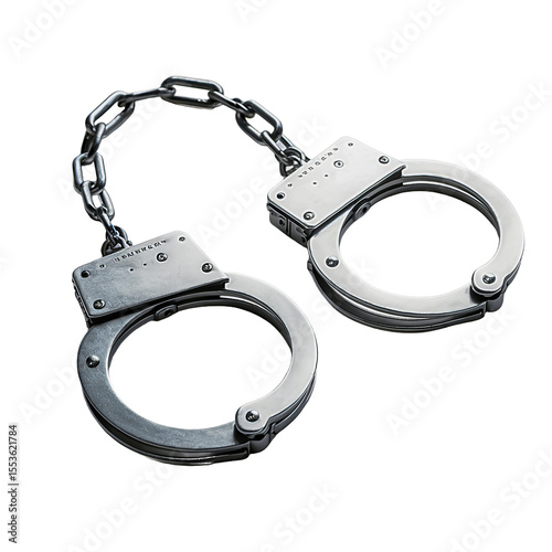 Heavy Handcuffs: A pair of shiny, steel handcuffs, linked by a chain, lie isolated. The metallic gleam reflects both constraint and the weight of consequence. 