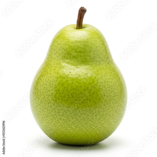 Single Whole Green Pear with Stem on White Background