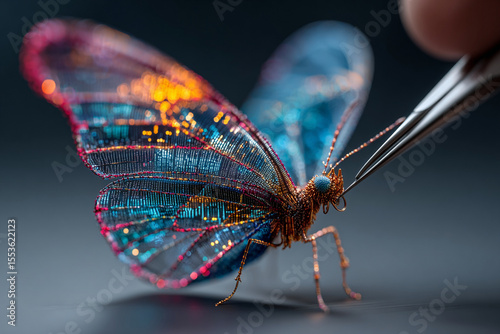Colorful butterfly sculpture made of tiny beads is being carefully edited with tweezers, symbolizing gene editing and CRISPR precision art