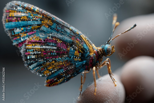 Digital butterfly with colorful code patterns on its wings symbolizes gene editing and CRISPR technology in futuristic and artistic way
