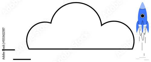 Blue rocket blasting off beside a cloud outline symbolizes innovation, progress, technology, startup growth, speed, cloud computing, and exploration. Ideal for startups, innovation technology