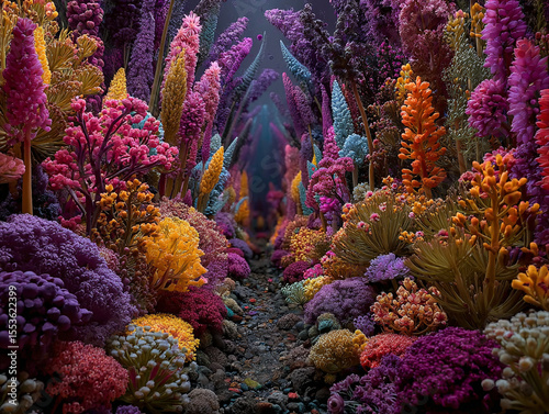 Vibrant gene editing inspired garden with colorful crispr like flowers creating magical pathway filled with vivid hues and intricate natural