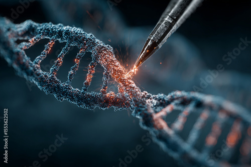 Gene editing with CRISPR technology visualized as pen modifying DNA strand with glowing sparks in scientific and futuristic concept