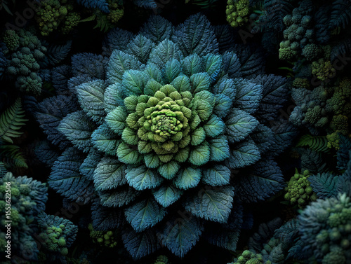Gene editing and crispr inspire this close up of green and blue fractal plant with detailed leaves arranged in spiral pattern