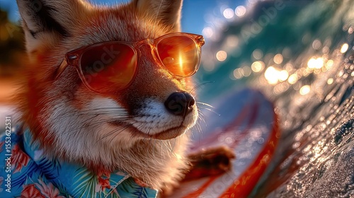 Fox riding a surfboard. On the crest of a wave wearing sunglasses. Fisheye lens