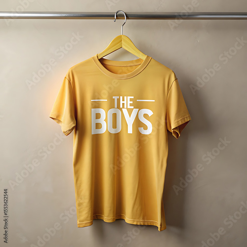 Wallpaper Mural A mustard yellow tshirt with the words the boys printed on it hangs on a wooden hanger against a beige background Torontodigital.ca