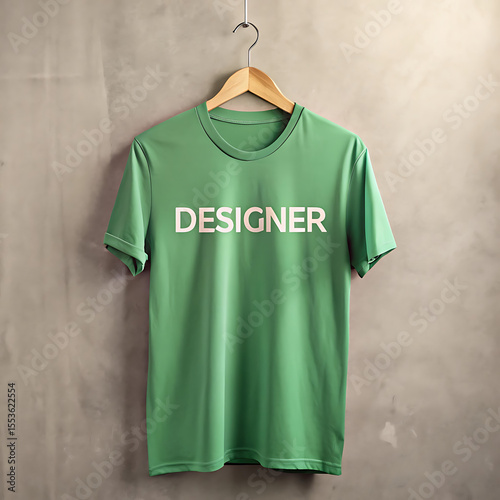 Wallpaper Mural A green tshirt with the word designer printed on it hangs on a wooden hanger Torontodigital.ca
