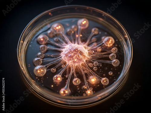 Gene editing with CRISPR technology visualized as glowing cell structures in petri dish showing advanced scientific innovation and research
