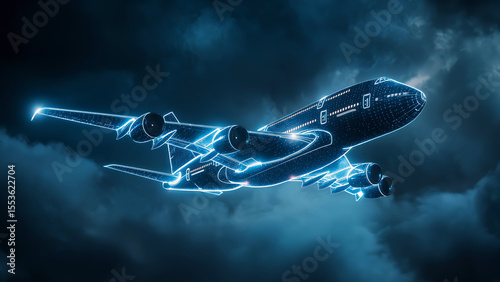 Glowing 3D wireframe of futuristic airplane floats in night sky, radiating neon blue light. Concept visualization of airplane, futuristic aviation technology and modern aircraft innovation