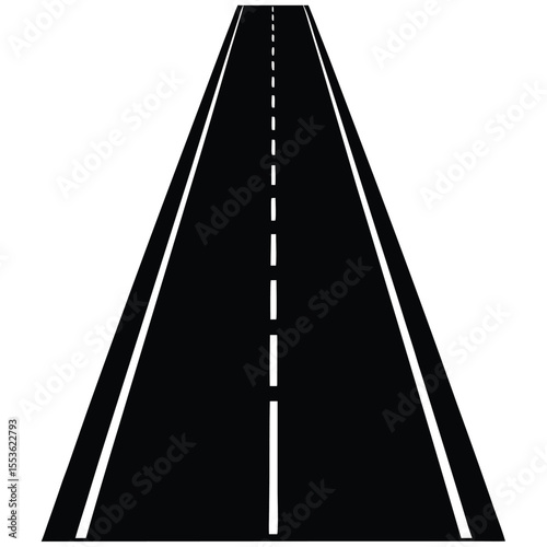 A straight, black asphalt road extending towards the horizon, centered with a dashed white lane divider. The sides of the road are bordered by thin white lines against a plain white background A strai