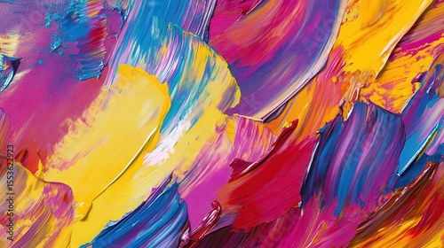 Vibrant abstract acrylic painting depicting brushstrokes and colorful texture on canvas photo