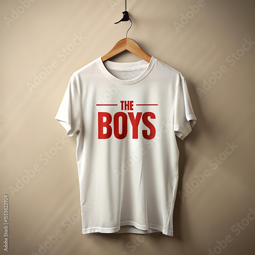 Wallpaper Mural A white tshirt with the words the boys printed on it hangs on a wooden hanger against a textured wall Torontodigital.ca