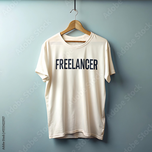 Wallpaper Mural A white tshirt with the word freelancer printed on it hangs on a wooden hanger against a light blue background Torontodigital.ca