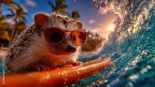 hedgehog riding a surfboard. on the crest of a wave in sunglasses. Fisheye lens.