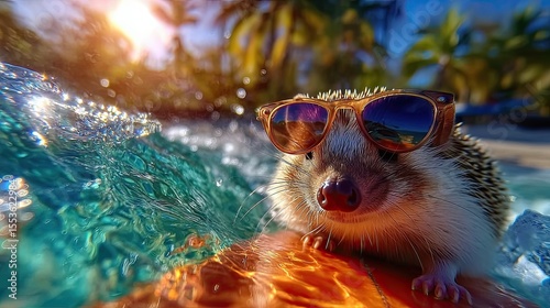 hedgehog riding a surfboard. on the crest of a wave in sunglasses. Fisheye lens.