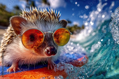 hedgehog riding a surfboard. on the crest of a wave in sunglasses. Fisheye lens.
