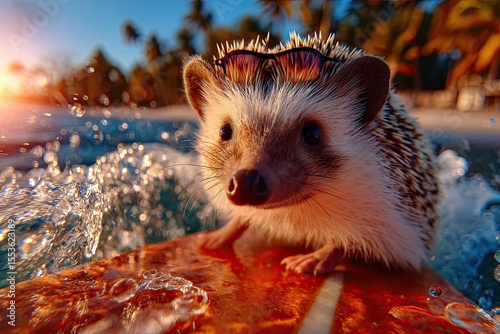 hedgehog riding a surfboard. on the crest of a wave in sunglasses. Fisheye lens.