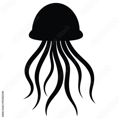 Crisp vector jellyfish with tentacles silhouette, sleek bell in green and white with strands.