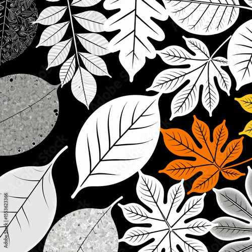 Black background with white and orange leaves illustration - Abstract leaves pattern design - Modern leaves vector graphic for autumn season art