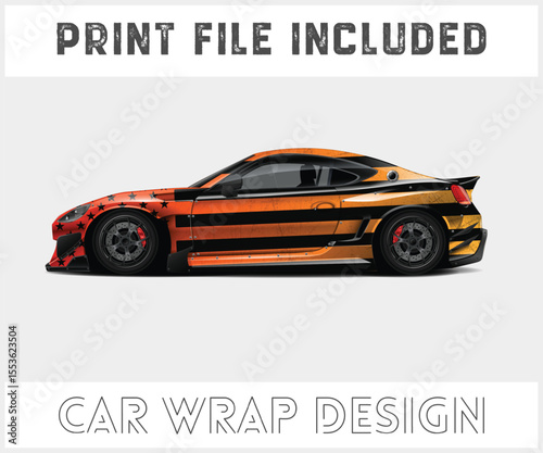 Orange and Black Striped Car Wrap Design with Stars