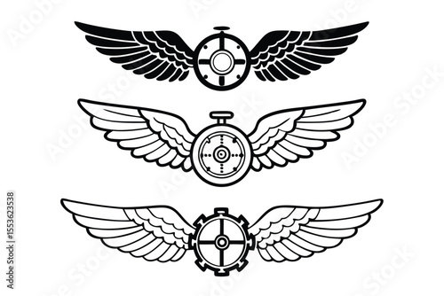 Vector set of steampunk sky badges: wings, dials, and valves, with bronze highlights.