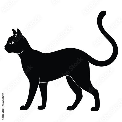 Full-body silhouette of a walking Siamese cat, left-facing, slim body, Thailand origin.