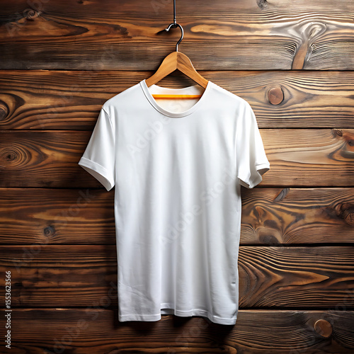Wallpaper Mural A white shortsleeved tshirt hangs on a wooden hanger against a brown wooden background Torontodigital.ca