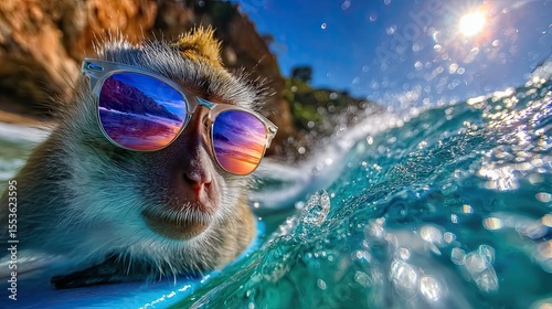 monkey riding a surfboard. on the crest of a wave wearing sunglasses. fisheye lens