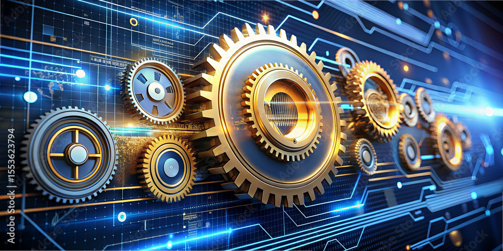 Fototapeta premium Golden gears are meticulously arranged against a vibrant digital background filled with circuit patterns and glowing lines, representing advanced technology and innovation