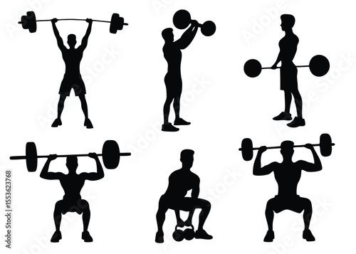 A collage of eight black silhouettes of male figures engaged in various weightlifting exercises. The poses include lifting dumbbells, performing shoulder presses, and executing squats with a barbell. 