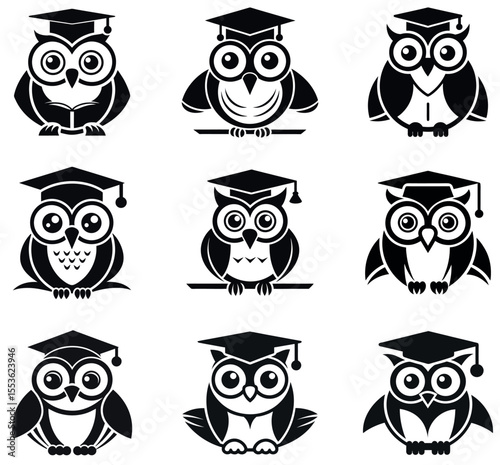 Graduate Owl Icons Collection silhouette vector design