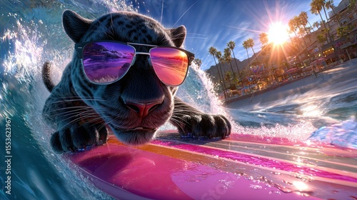 Panther riding a surfboard. On the crest of a wave in sunglasses. Fisheye lens