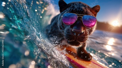 Panther riding a surfboard. On the crest of a wave in sunglasses. Fisheye lens