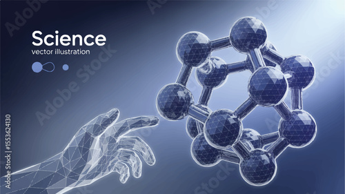 Science and Discovery: A detailed scientific illustration of molecular structures, representing the elegance of scientific study. An open hand reaches out to touch and interact with the molecules.