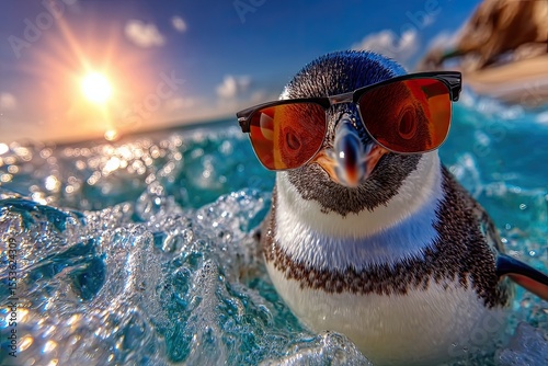 Penguin surfing on ocean wave wearing sunglasses. Fisheye lens