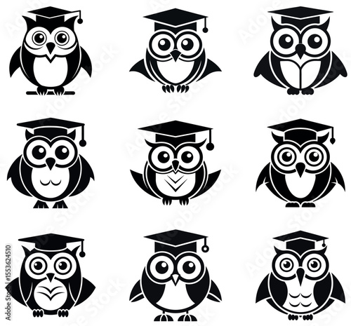 Graduate Owl Icons Collection silhouette vector design