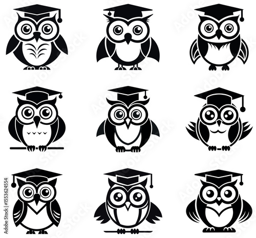Graduate Owl Icons Collection silhouette vector design