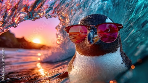 Penguin surfing on ocean wave wearing sunglasses. Fisheye lens